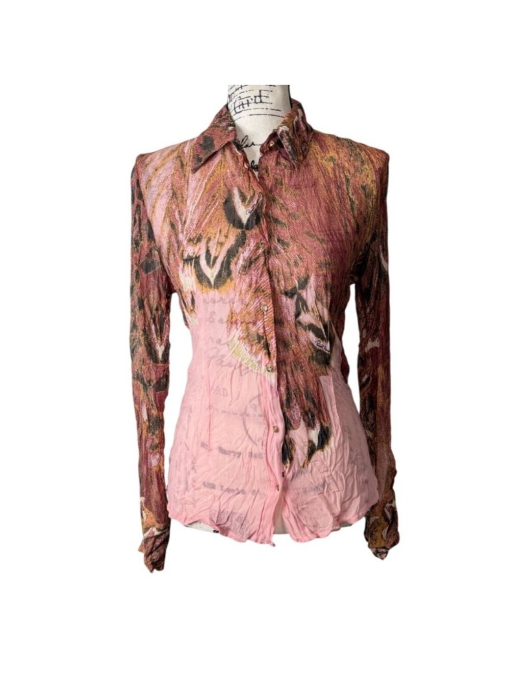 Roberto Cavalli Women Size M Top Silk Y2K Sheer Button-Up Pink Brown Abstract Ti